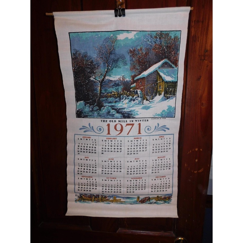 Vintage 1971 Currier & Ives Linen Calendar Tea Towel Winter Mill
